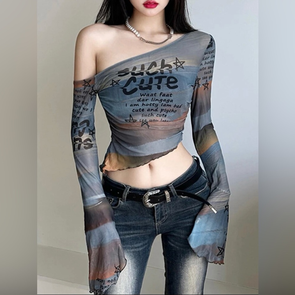 Y2K Asymmetrical long sleeve mesh crop top